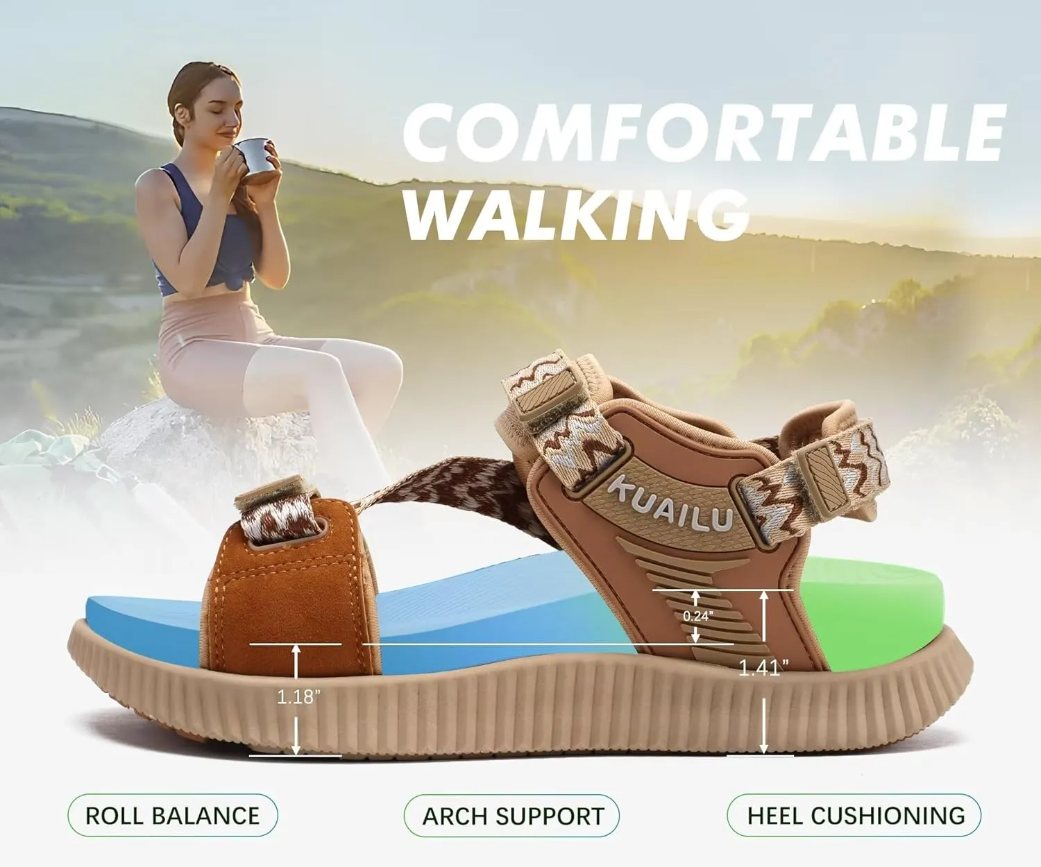 KuaiLu Womens Orthopedic Walking Sandals Recovery Sport Outdoor Hiking Water Sandles Thick Athletic Cushion Adjustable Leather Strap Sandals with Comfortable Plantar Fasciitis Arch Support
