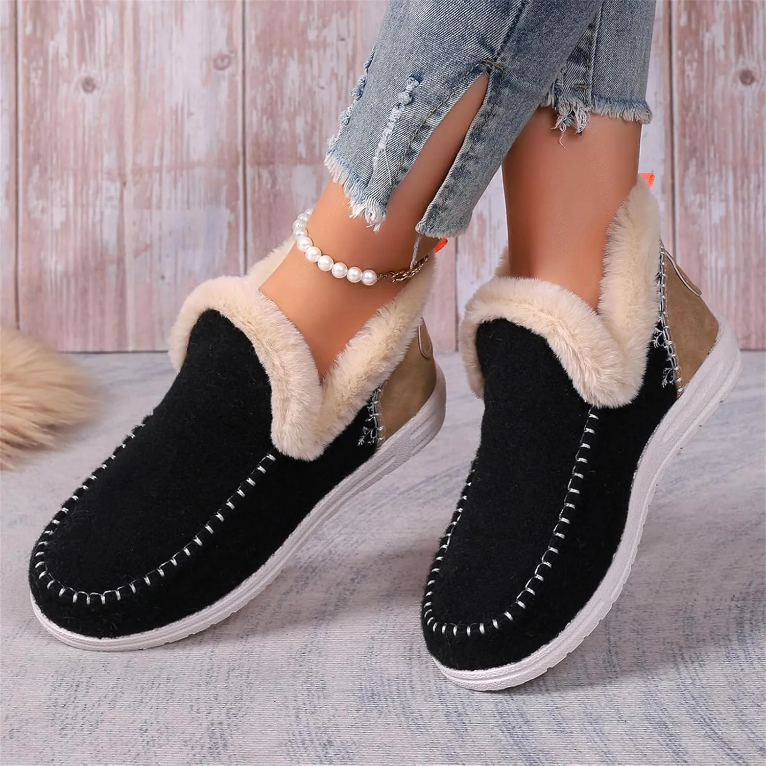 Lausiuoe Boots For Women Ankle Booties With Fur Lined Warm Snow Winter Fuzzy Booties Silp On Comfortable Casual Loafers Shoes