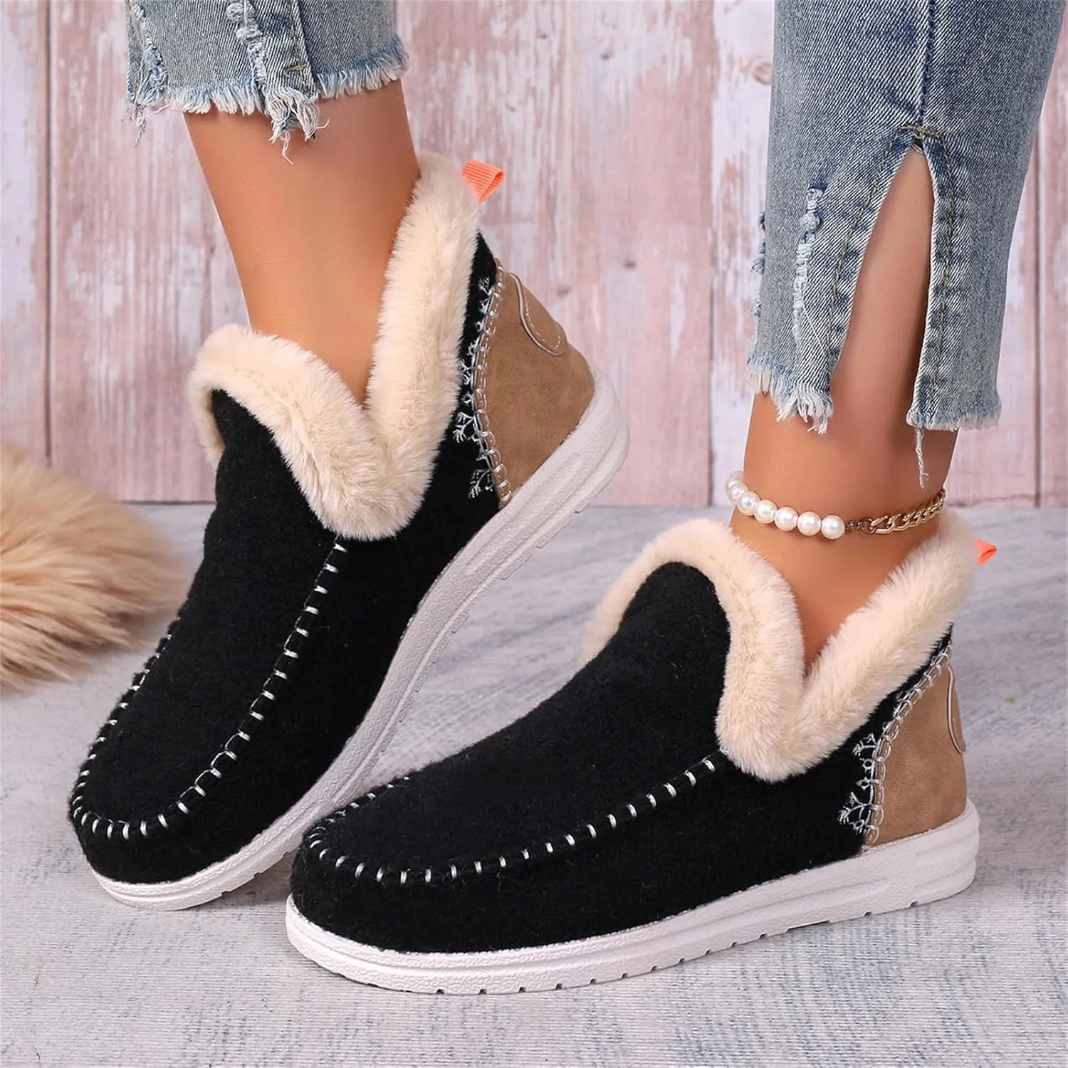 Lausiuoe Boots For Women Ankle Booties With Fur Lined Warm Snow Winter Fuzzy Booties Silp On Comfortable Casual Loafers Shoes