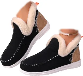 Lausiuoe Boots For Women Ankle Booties With Fur Lined Warm Snow Winter Fuzzy Booties Silp On Comfortable Casual Loafers Shoes