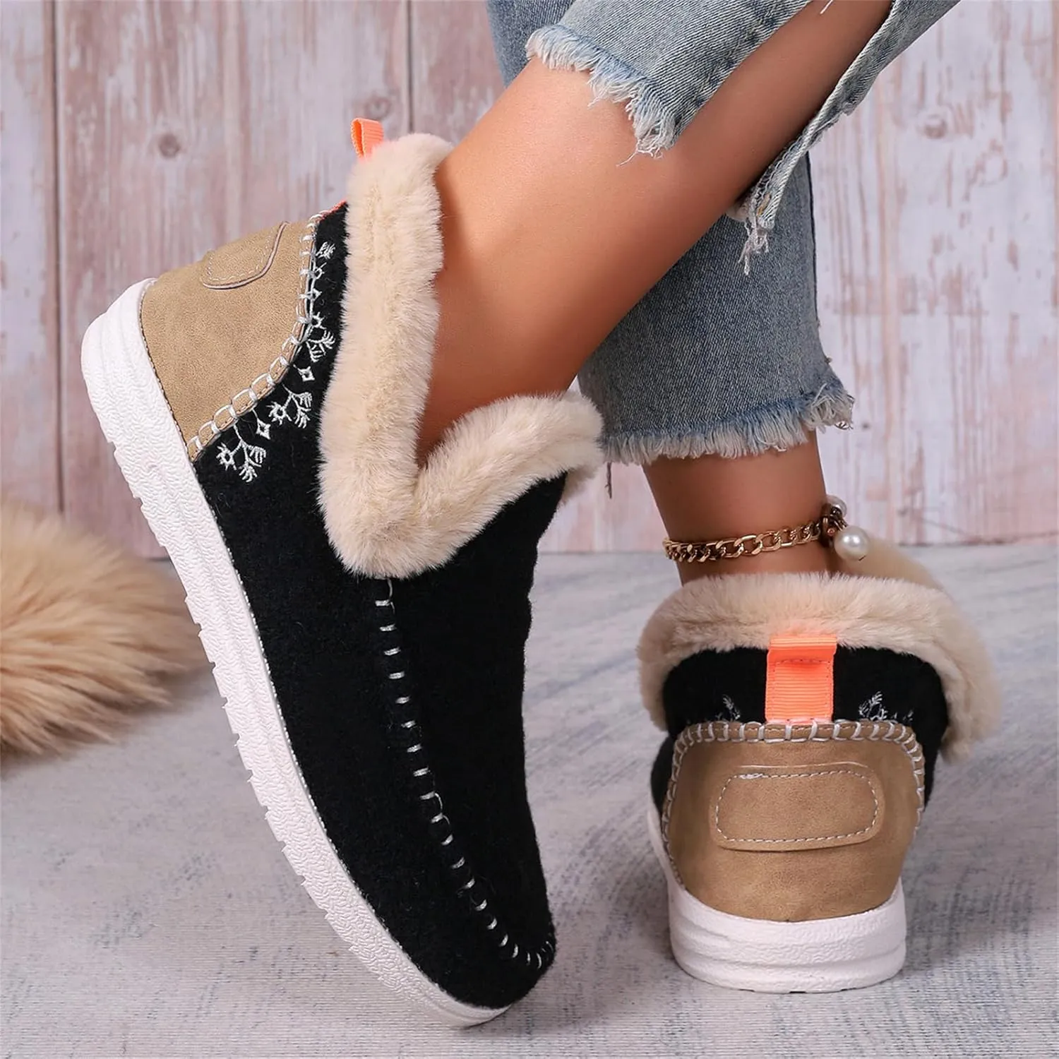 Lausiuoe Boots For Women Ankle Booties With Fur Lined Warm Snow Winter Fuzzy Booties Silp On Comfortable Casual Loafers Shoes