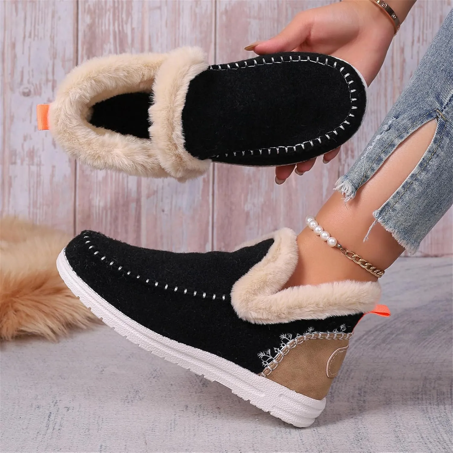 Lausiuoe Boots For Women Ankle Booties With Fur Lined Warm Snow Winter Fuzzy Booties Silp On Comfortable Casual Loafers Shoes