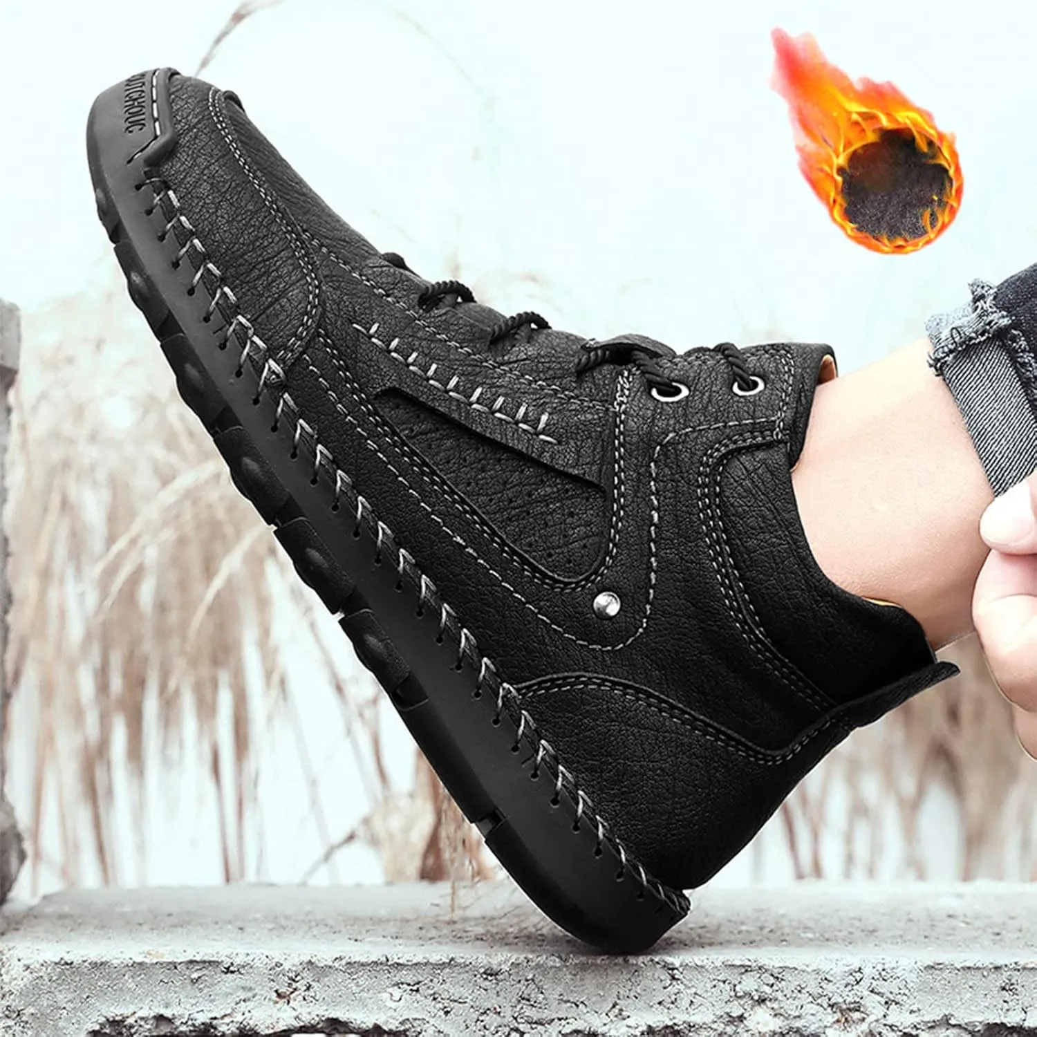 PURCHAWEE Men's Leather High Top Hiking Shoes Chukka Boots,Hand Sewing Non-Slip Good Arch Support Casual Outdoor Work Trekking Shoes