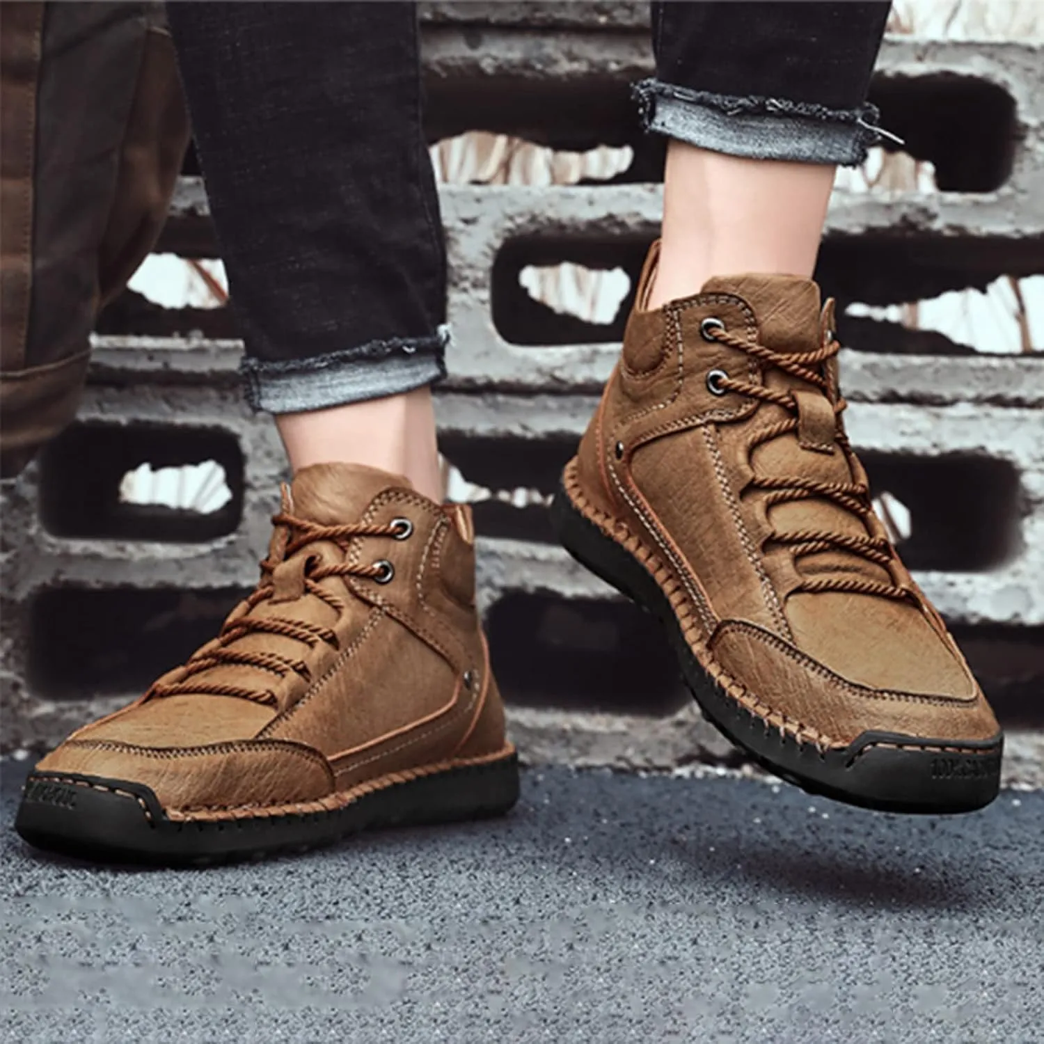 PURCHAWEE Men's Leather High Top Hiking Shoes Chukka Boots,Hand Sewing Non-Slip Good Arch Support Casual Outdoor Work Trekking Shoes