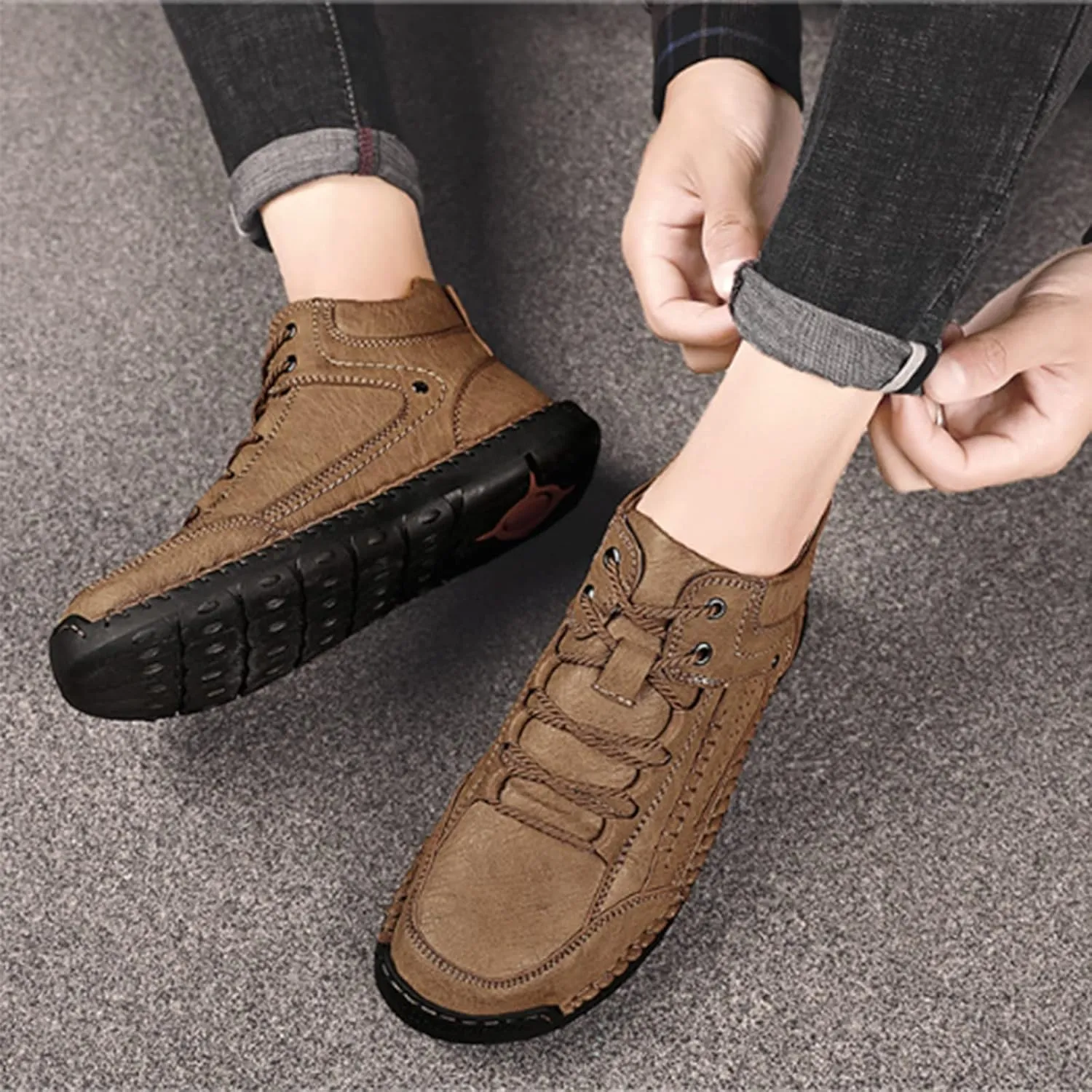 PURCHAWEE Men's Leather High Top Hiking Shoes Chukka Boots,Hand Sewing Non-Slip Good Arch Support Casual Outdoor Work Trekking Shoes