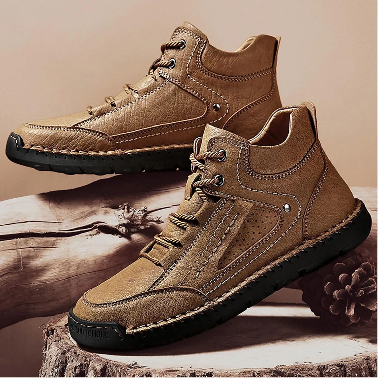 PURCHAWEE Men's Leather High Top Hiking Shoes Chukka Boots,Hand Sewing Non-Slip Good Arch Support Casual Outdoor Work Trekking Shoes