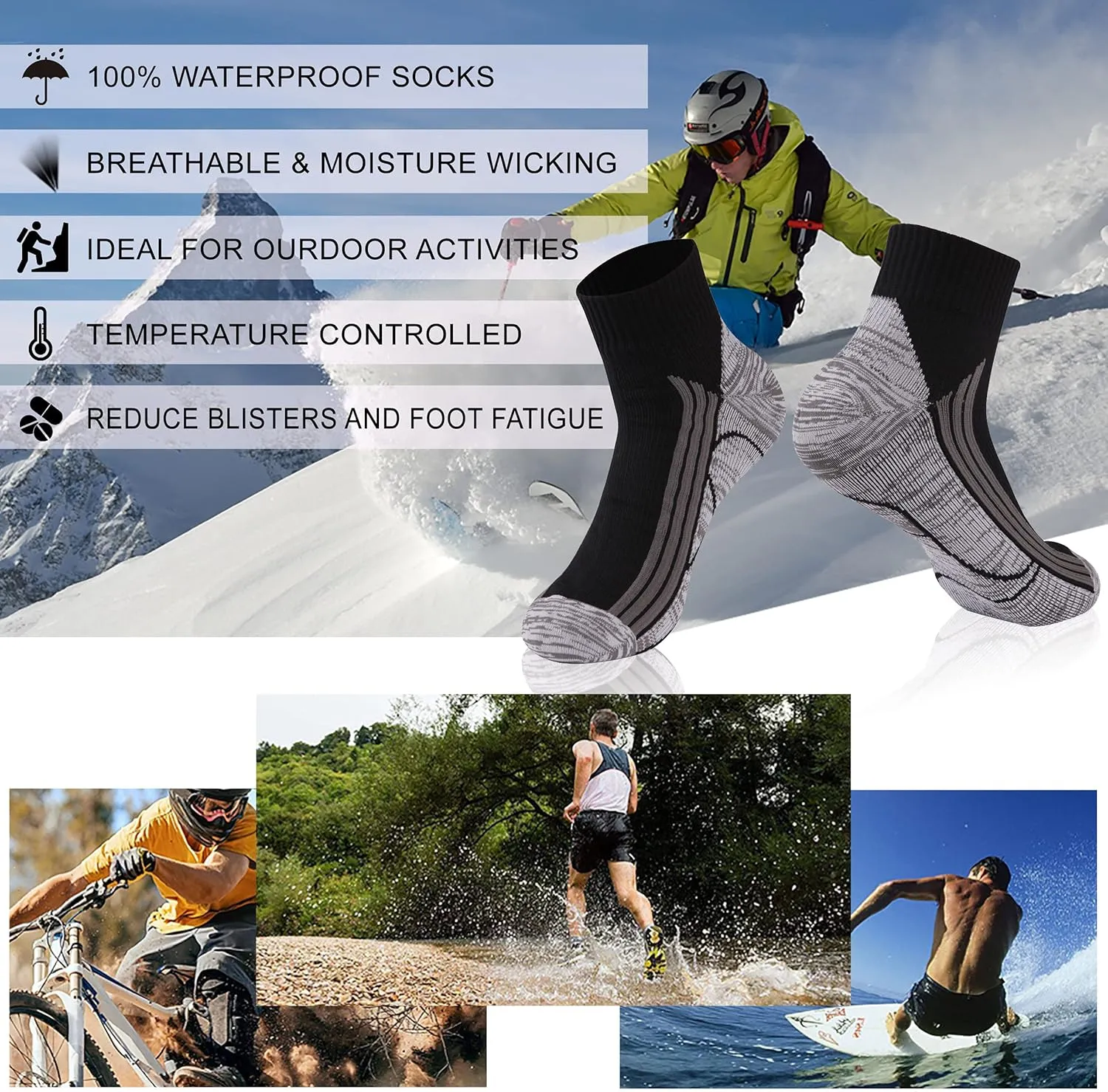 RANDY SUN Waterproof Socks, Unisex Hiking Wading Trail Running Kayaking Crew Socks