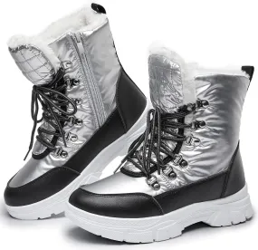 Silver/Black Waterproof Lace Up Fur Snow Boots