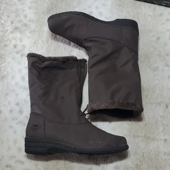 Totes Vintage Brown Waterproof Boots w Snow Flake Designs Faux Fur Size 8