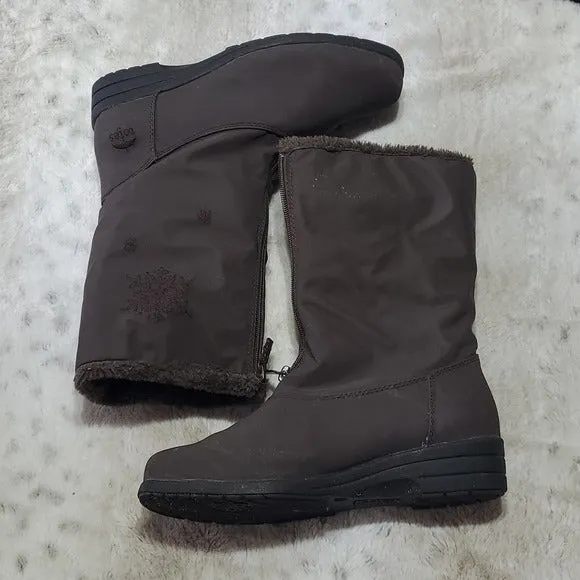 Totes Vintage Brown Waterproof Boots w Snow Flake Designs Faux Fur Size 8