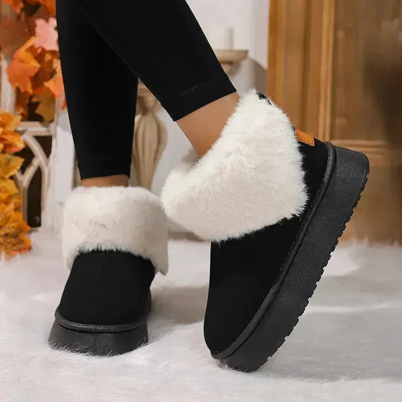 Winter Plush Snow Boots Fashion Round Toe Flat Thickened Suede Cotton Shoes For Women Casual Warm Short Boot