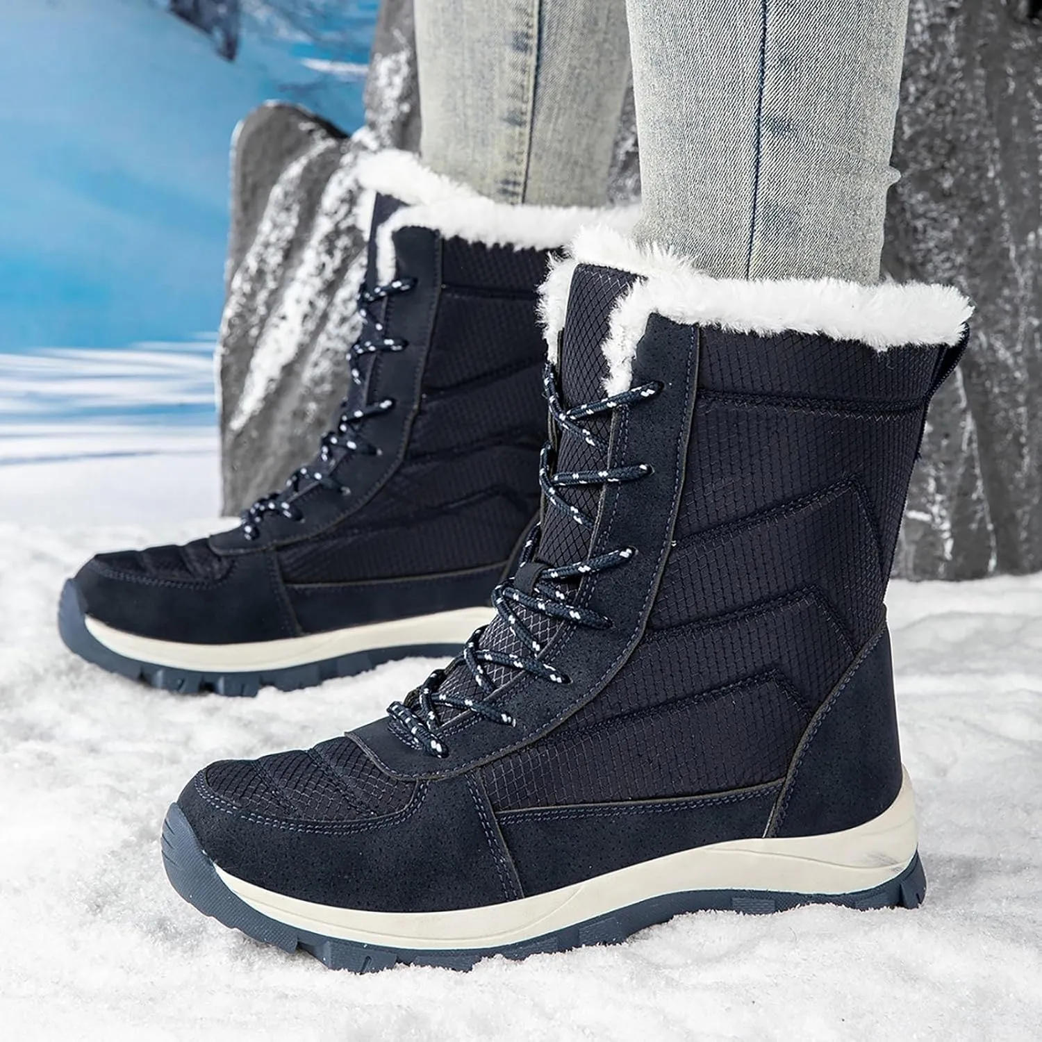 Women's Outdoor Snow Boots Plush Insulated Winter Boots Lace Up Walking Boots Thick Bottom Non Slip Boots