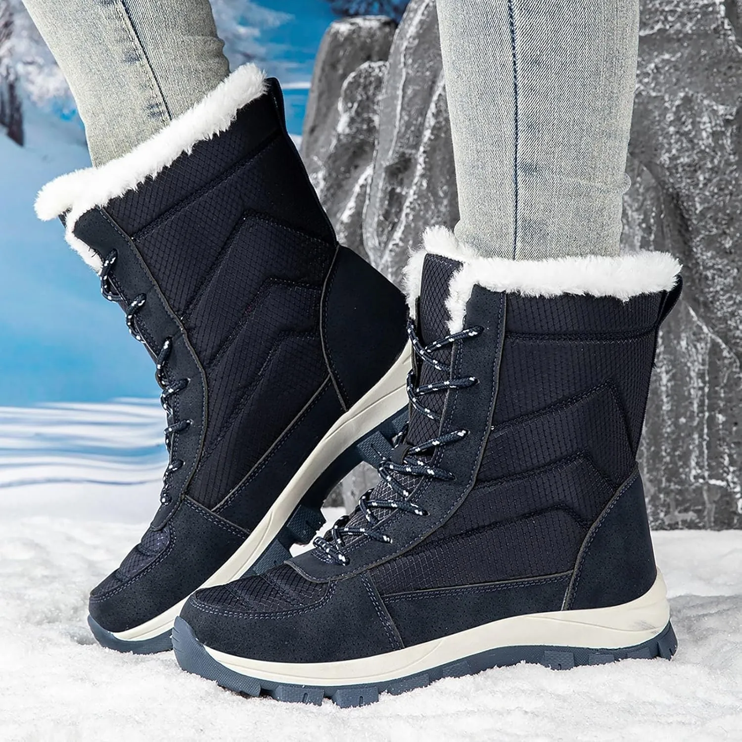 Women's Outdoor Snow Boots Plush Insulated Winter Boots Lace Up Walking Boots Thick Bottom Non Slip Boots