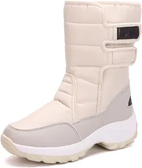 Womens Plush Lined Warm Waterproof Mid Calf Booties Non-Slip Slip On Outdoor Winter Shoes Warm Snow Boots
