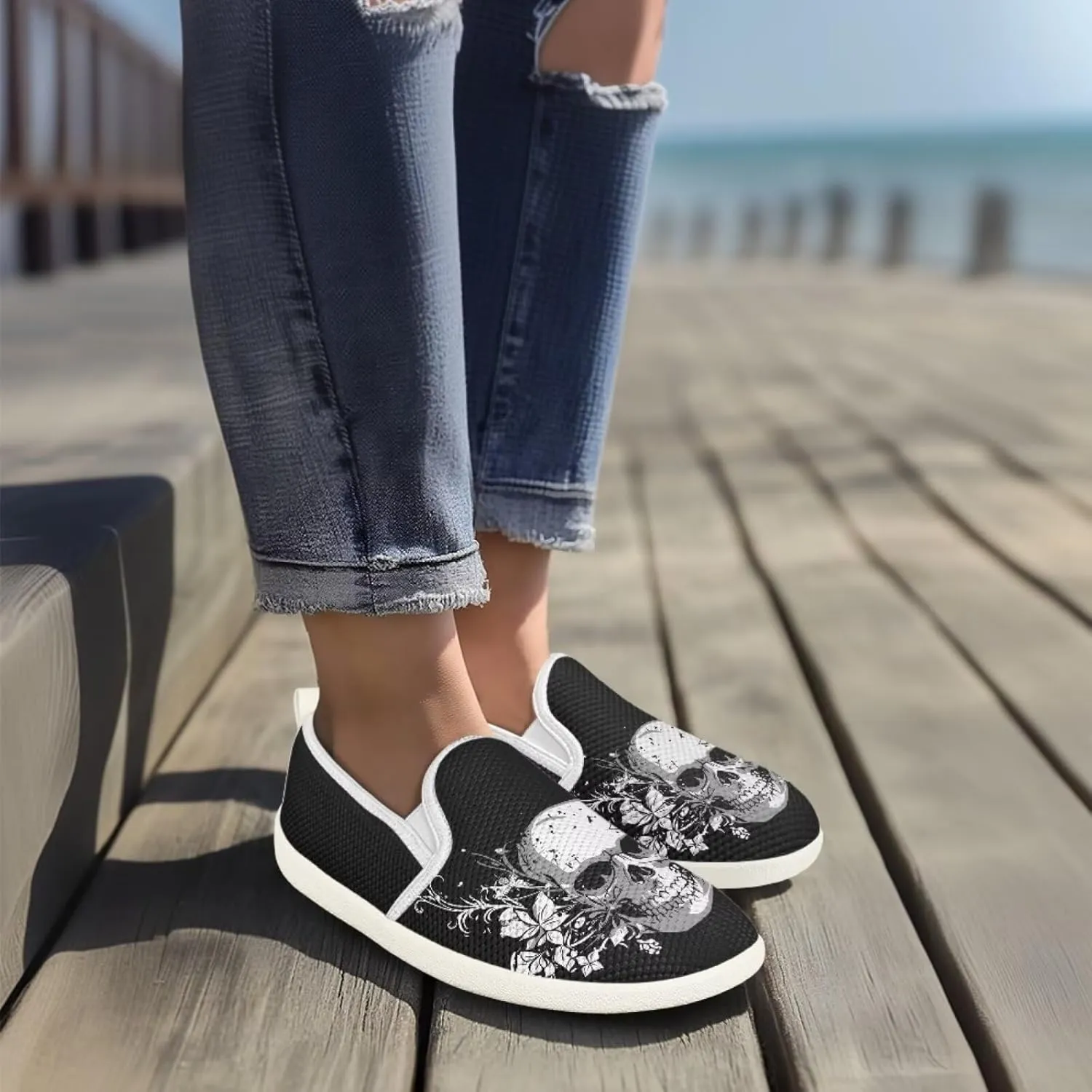 Women's Skull Outdoor Loafer Casual Wedding Shoes Mesh Dress Flat Classic Leisure Work Loafers