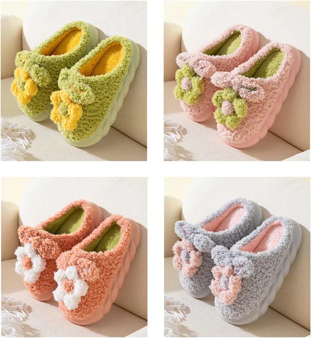 Women's Slippers Adult Warm Plush Flowers Indoor Non-slip Home Thick Bottom Winter Men's Cotton
