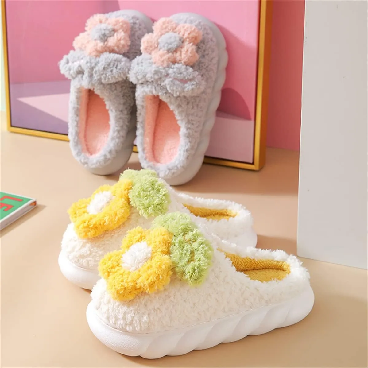 Women's Slippers Adult Warm Plush Flowers Indoor Non-slip Home Thick Bottom Winter Men's Cotton