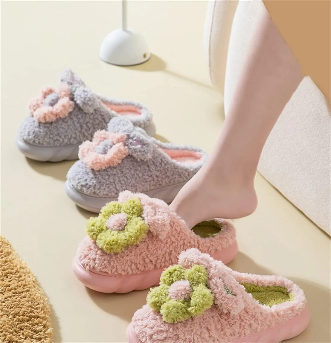 Women's Slippers Adult Warm Plush Flowers Indoor Non-slip Home Thick Bottom Winter Men's Cotton