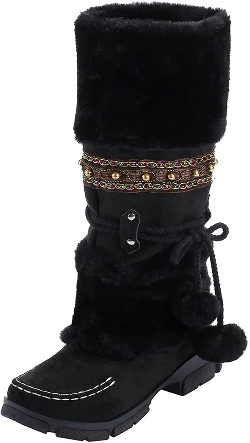 Women's Snow Boots Suede Mid Calf Dressy Winter Boots Pompom Non Slip Fuzzy Fur Booties Cold Weather Lace Up Ankle Boots Ladies Walking Hiking Booties