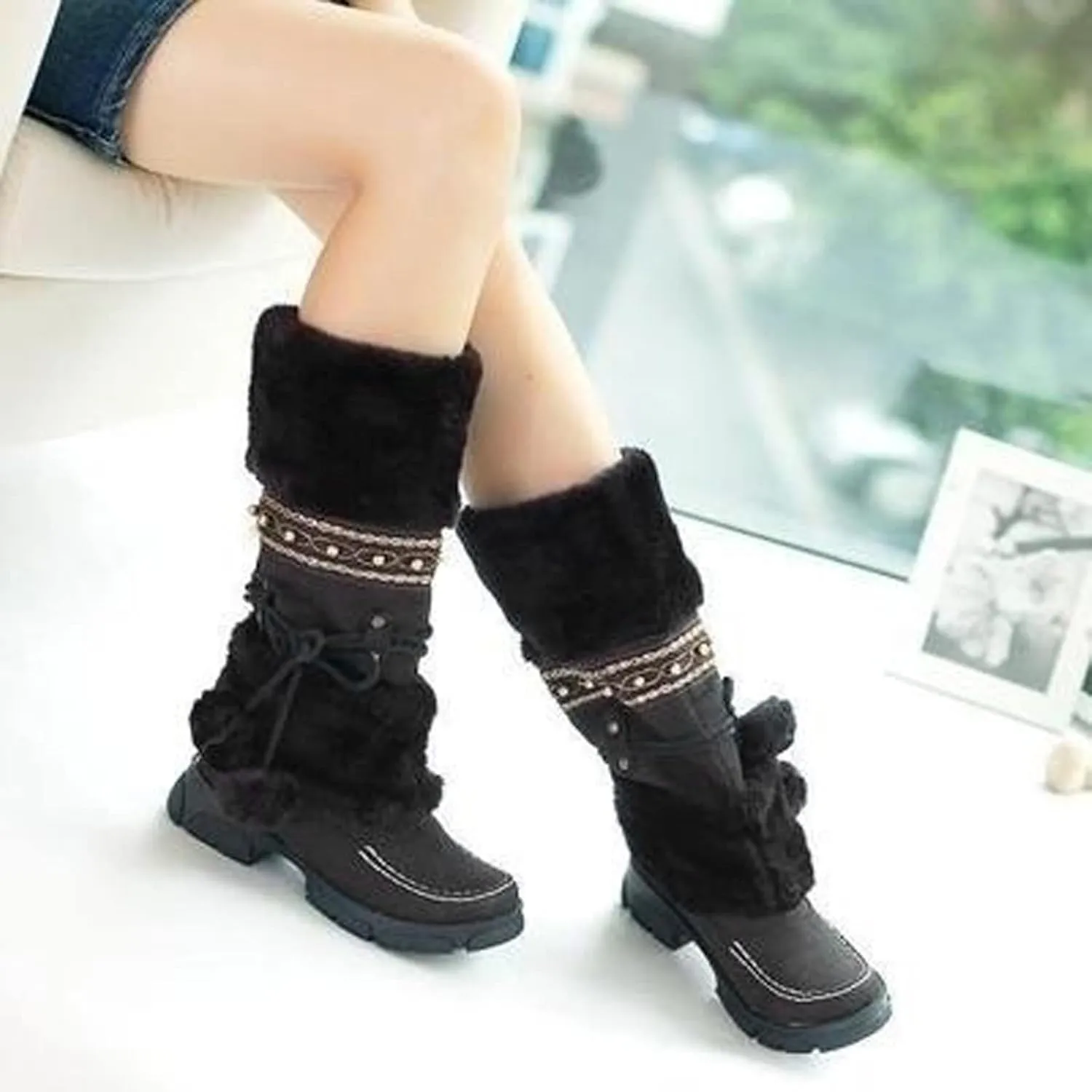 Women's Snow Boots Suede Mid Calf Dressy Winter Boots Pompom Non Slip Fuzzy Fur Booties Cold Weather Lace Up Ankle Boots Ladies Walking Hiking Booties