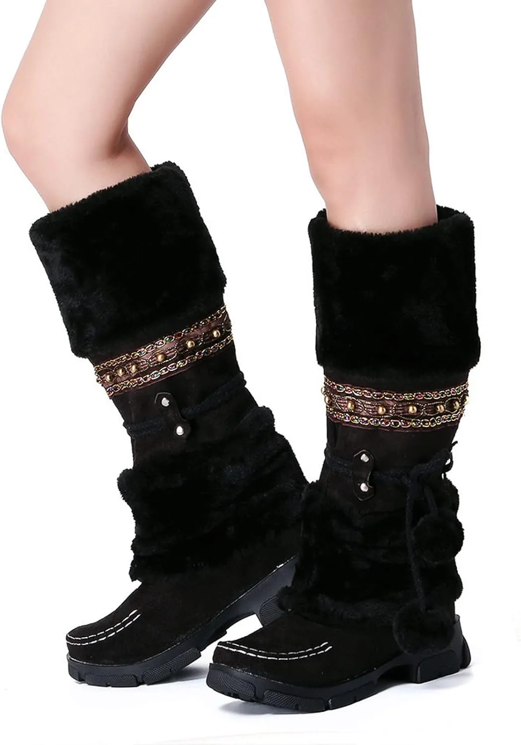 Women's Snow Boots Suede Mid Calf Dressy Winter Boots Pompom Non Slip Fuzzy Fur Booties Cold Weather Lace Up Ankle Boots Ladies Walking Hiking Booties